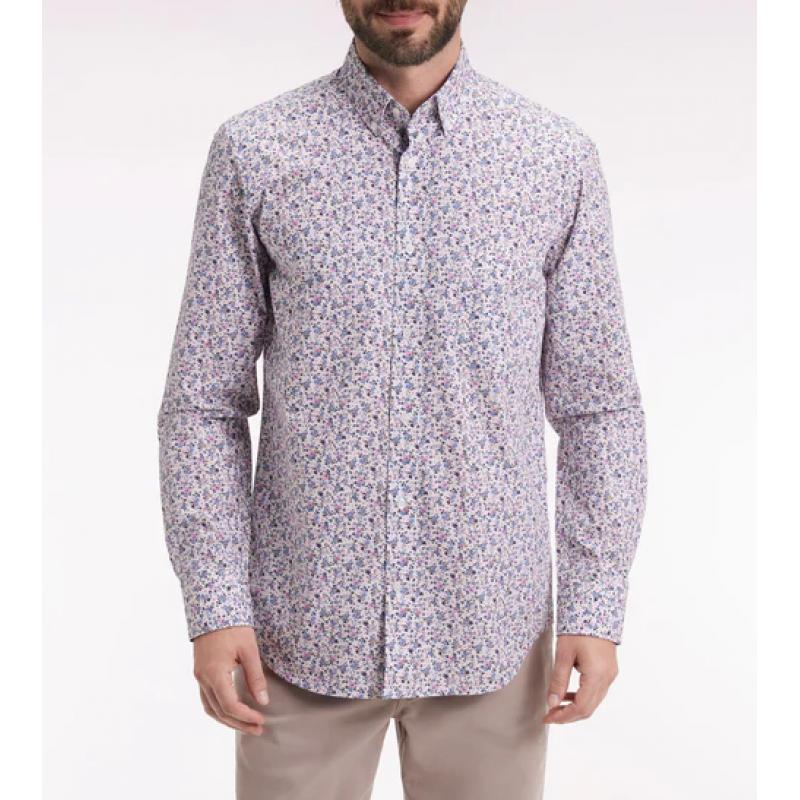 Chemise en coton beige à micro-motifs fleurs coupe droite