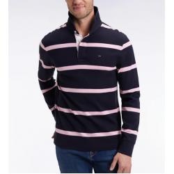 Maillot manches longues en jersey de coton marine à rayures roses