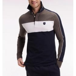 Polo tricolore à manches longues en coton stretch marron coupe slim