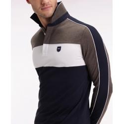Polo tricolore à manches longues en coton stretch marron coupe slim