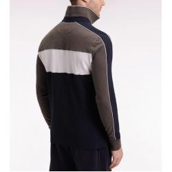 Polo tricolore à manches longues en coton stretch marron coupe slim