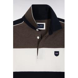 Polo tricolore à manches longues en coton stretch marron coupe slim