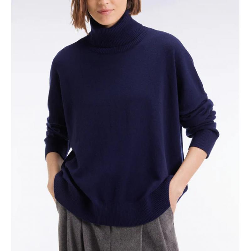 Pull à col roulé en laine et cachemire marine coupe Relaxed