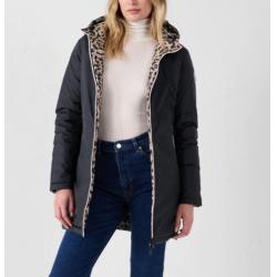 Veste longue réversible Noir/leopard beige Verone print
