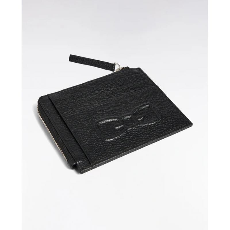 Porte-cartes zippé en cuir grainé noir