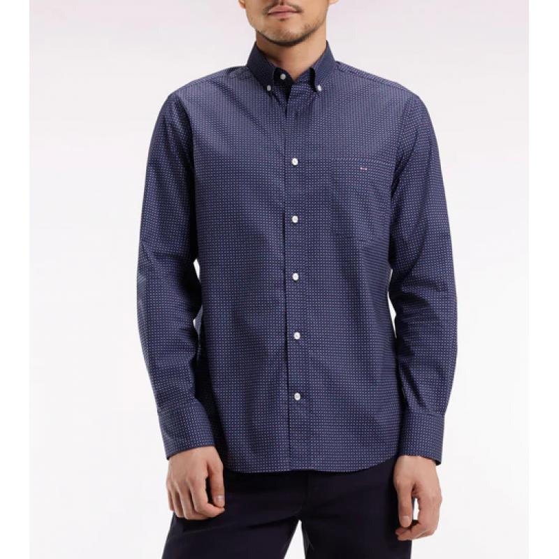 Chemise en coton Pima marine à micro-motifs noeud papillon coupe droite