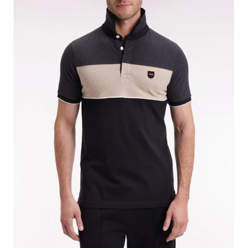 Polo tricolore manches courtes en piqué coton stretch gris coupe slim