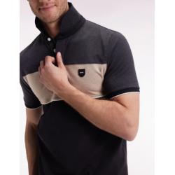 Polo tricolore manches courtes en piqué coton stretch gris coupe slim