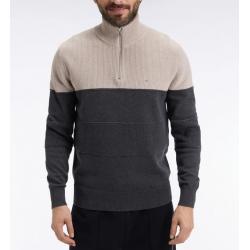 Pull col camionneur en coton gris à effet de rayure