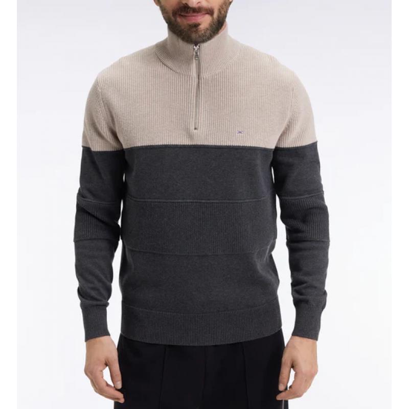 Pull col camionneur en coton gris à effet de rayure