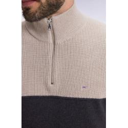 Pull col camionneur en coton gris à effet de rayure