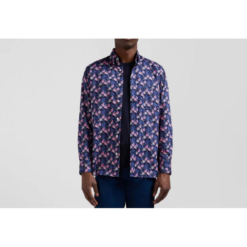 EDEN PARK - Chemise en twill de coton marine à imprimé fleurs roses coupe Regular EDEN PARK - Chemise en twill de coton marine à imprimé fleurs roses coupe Regular