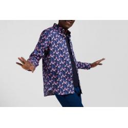EDEN PARK - Chemise en twill de coton marine à imprimé fleurs roses coupe Regular