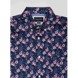 EDEN PARK - Chemise en twill de coton marine à imprimé fleurs roses coupe Regular