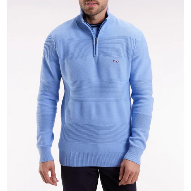 Pull col camionneur en coton ciel effet de rayure