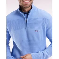 Pull col camionneur en coton ciel effet de rayure