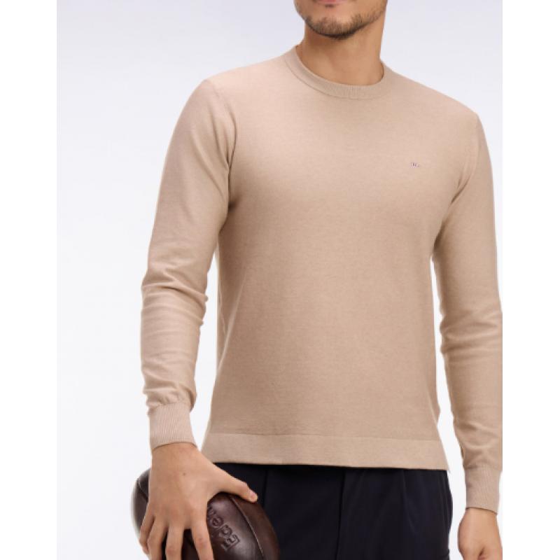 Pull beige col rond en coton et lyocell mélangés
