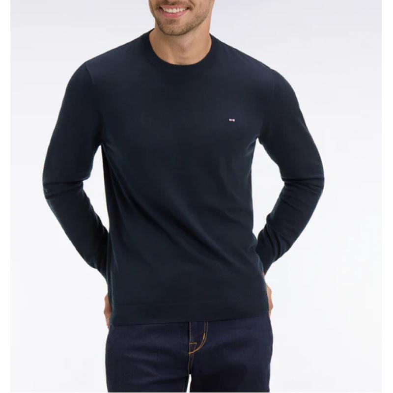 Pull marine col rond en coton et soie mélangés