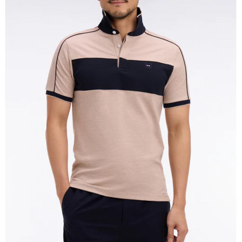 Polo marine et beige à manches courtes en coton stretch coupe slim