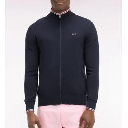 Cardigan marine zippé en coton à bords-côtes rayés