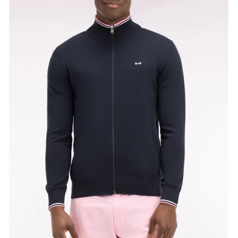 Cardigan marine zippé en coton à bords-côtes rayés