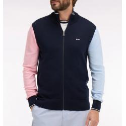 Cardigan marine col camionneur en coton à manches contrastées