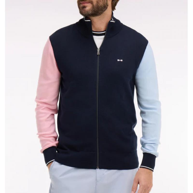 Cardigan marine col camionneur en coton à manches contrastées