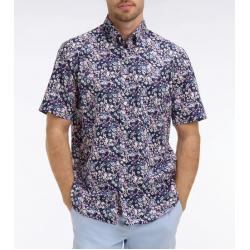 Chemise rose à manches courtes en popeline et chambray à motif floral