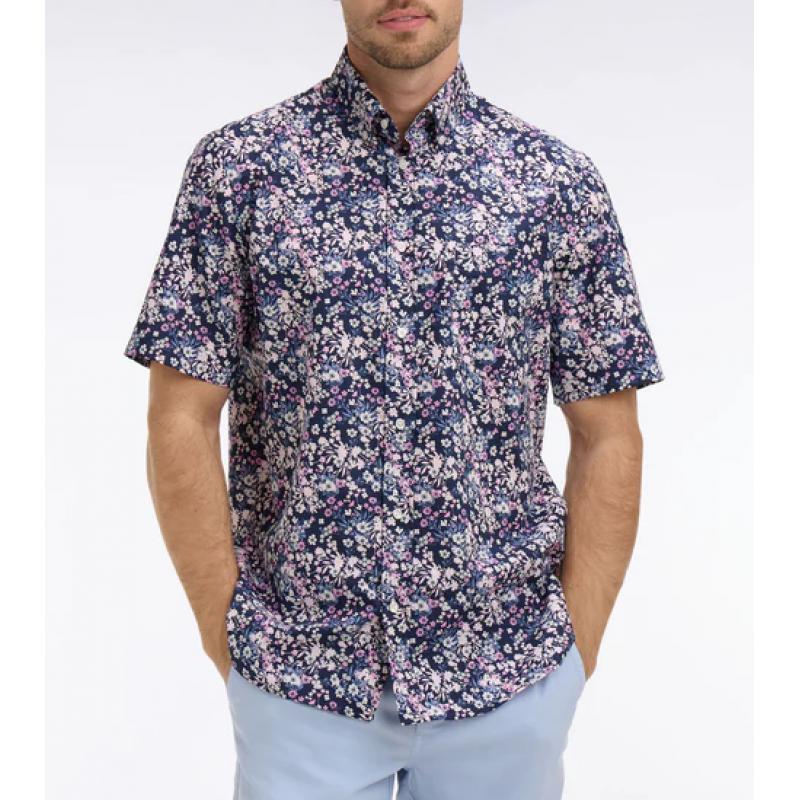 Chemise rose à manches courtes en popeline et chambray à motif floral