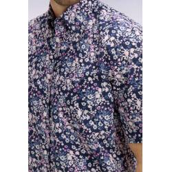 Chemise rose à manches courtes en popeline et chambray à motif floral