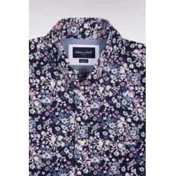 Chemise rose à manches courtes en popeline et chambray à motif floral