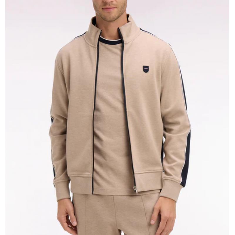 Sweatshirt zippé en interlock beige à découpes contrastées