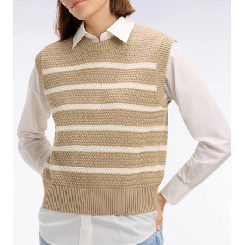 Pull beige marinière sans manche en coton tressé