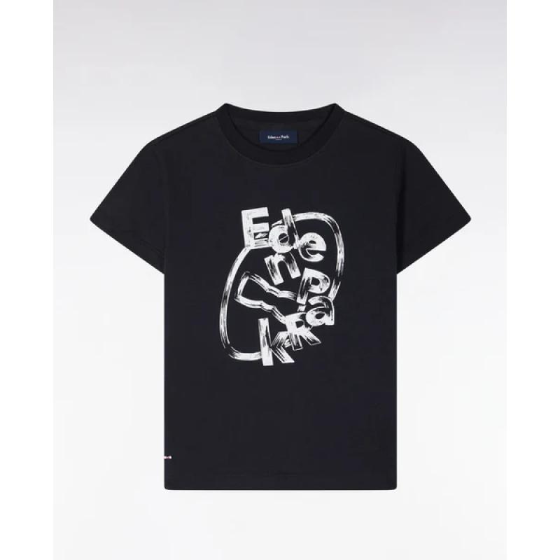 T-shirt à manches courtes en coton marine sérigraphié coupe droite