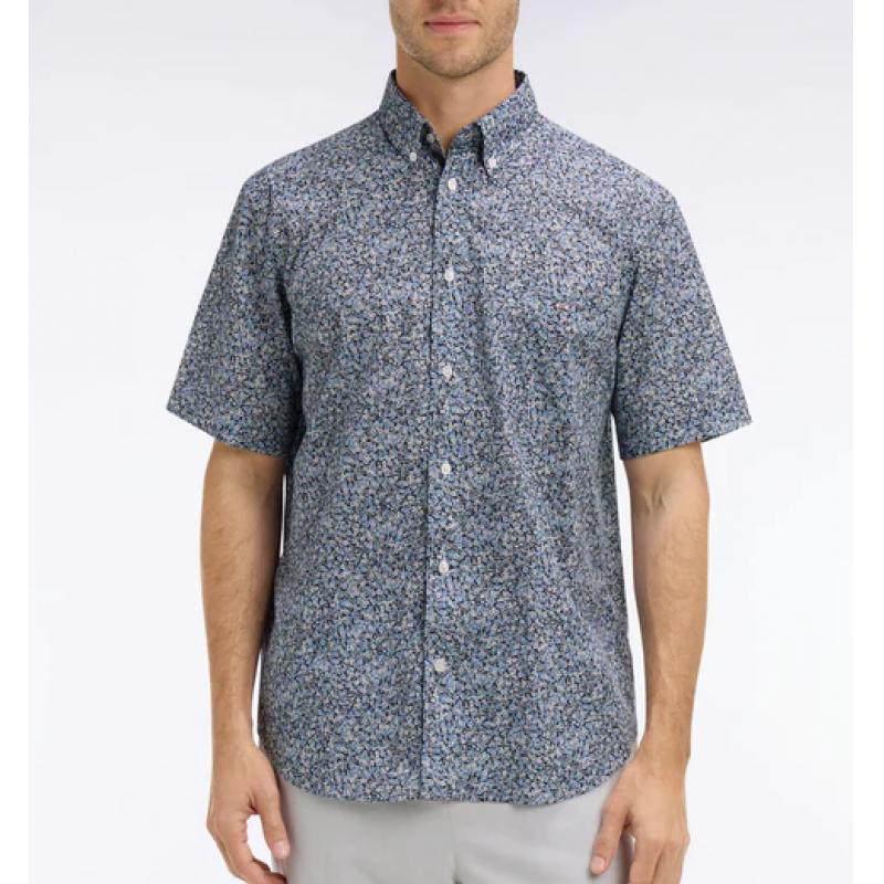 Chemise à manches courtes en coton bleu à micromotif floral
