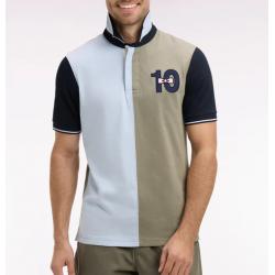 Maillot à manches courtes en coton bicolore kaki et bleu ciel broderie 10 coupe Regular