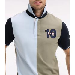 Maillot à manches courtes en coton bicolore kaki et bleu ciel broderie 10 coupe Regular