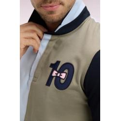 Maillot à manches courtes en coton bicolore kaki et bleu ciel broderie 10 coupe Regular