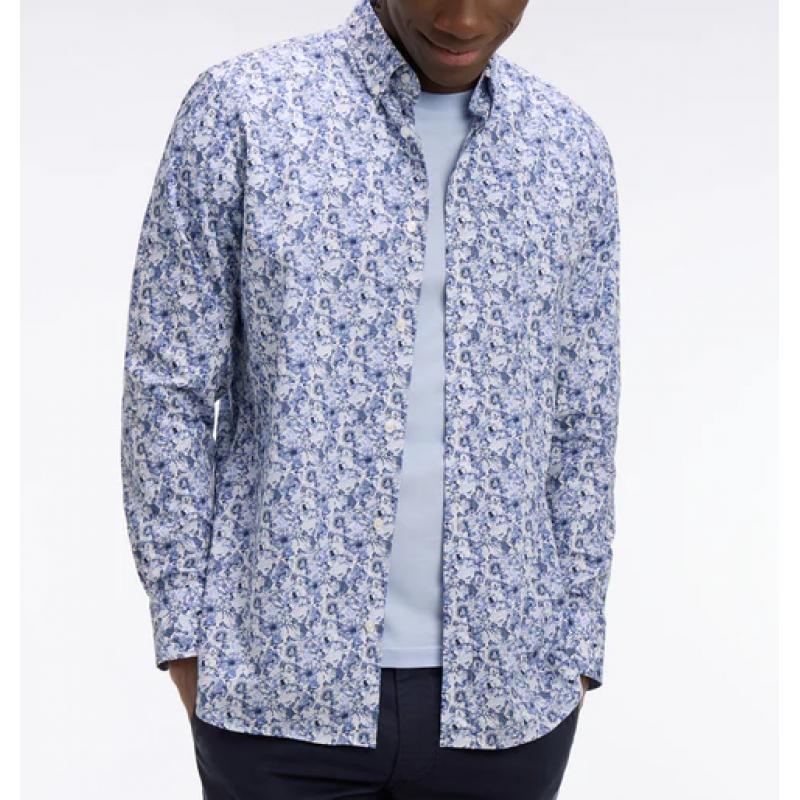 Chemise en popeline de coton bleu à motif floral