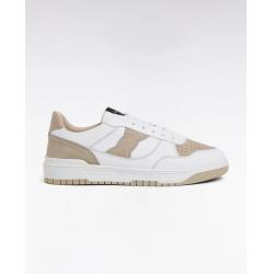 Sneakers bicolores en cuir lisse blanc et cuir suédé beige