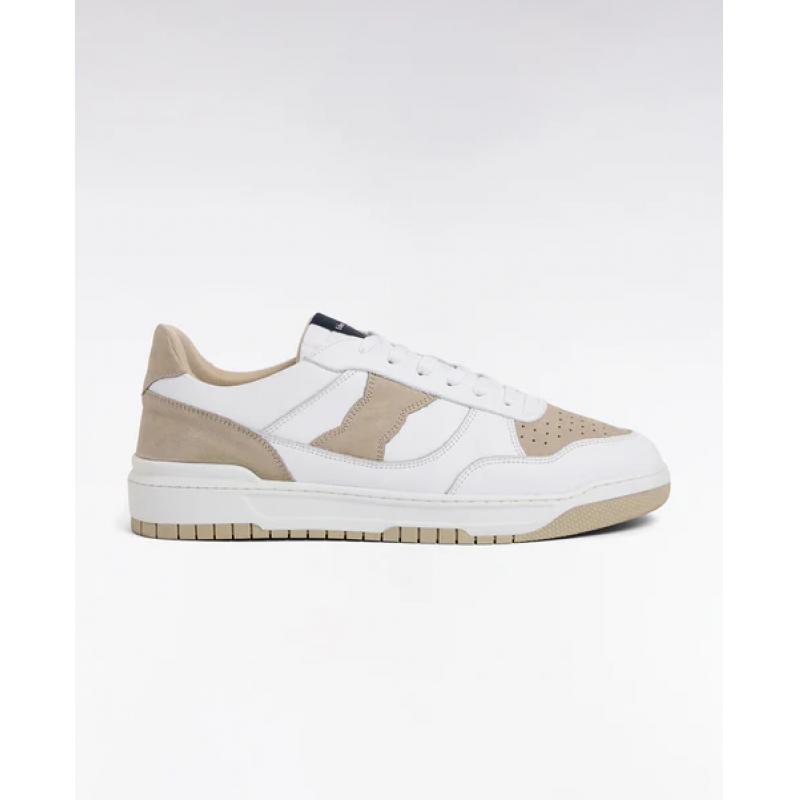 Sneakers bicolores en cuir lisse blanc et cuir suédé beige