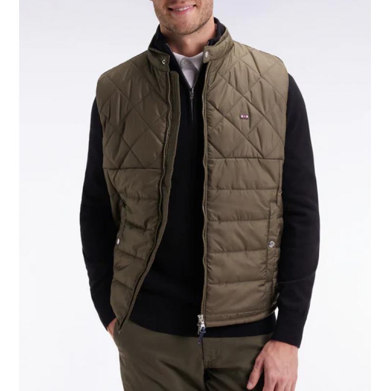 Doudoune sans manches col motard en nylon matelassé kaki