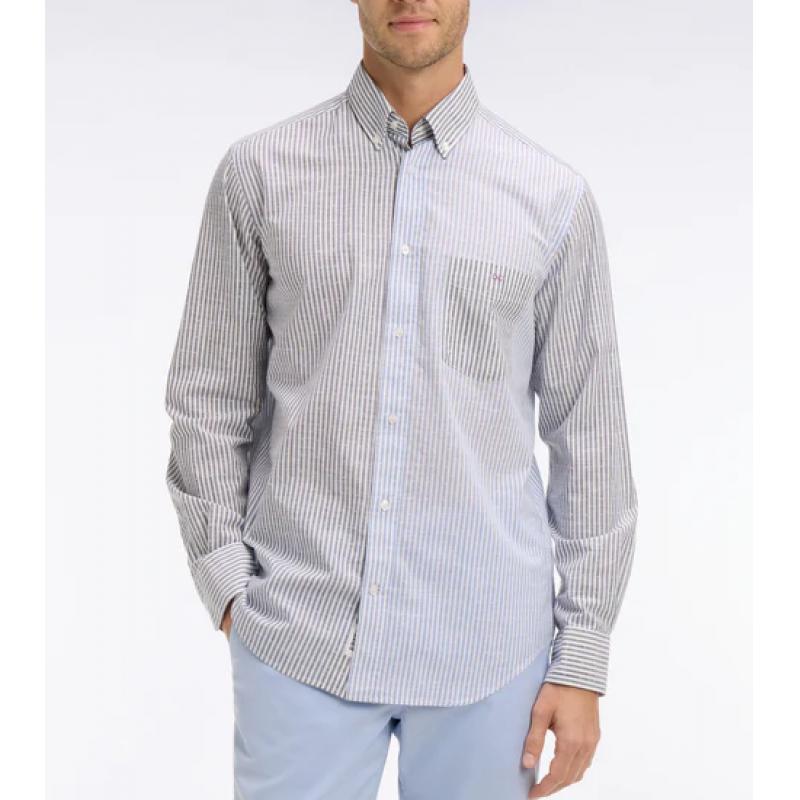 Chemise Eden Park - Coton Jacquard Dobby Italien - Rayures Bâtons - Coupe Regular - Bleu Marine