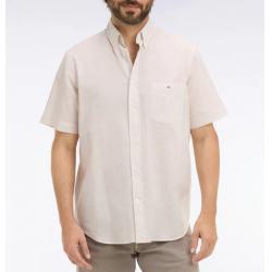 Chemise Eden Park Manches Courtes - Coton Jacquard Rayé - Beige Grège - Coupe Regular