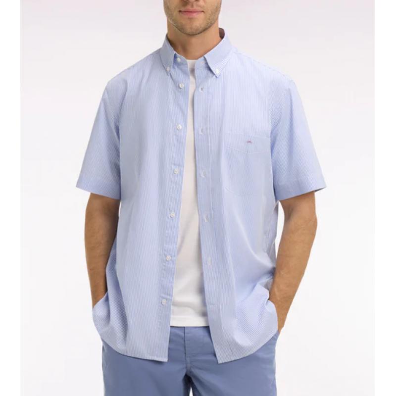 Chemise Eden Park Manches Courtes - Popeline de Coton Rayé - Bleu Ciel - Coupe Regular