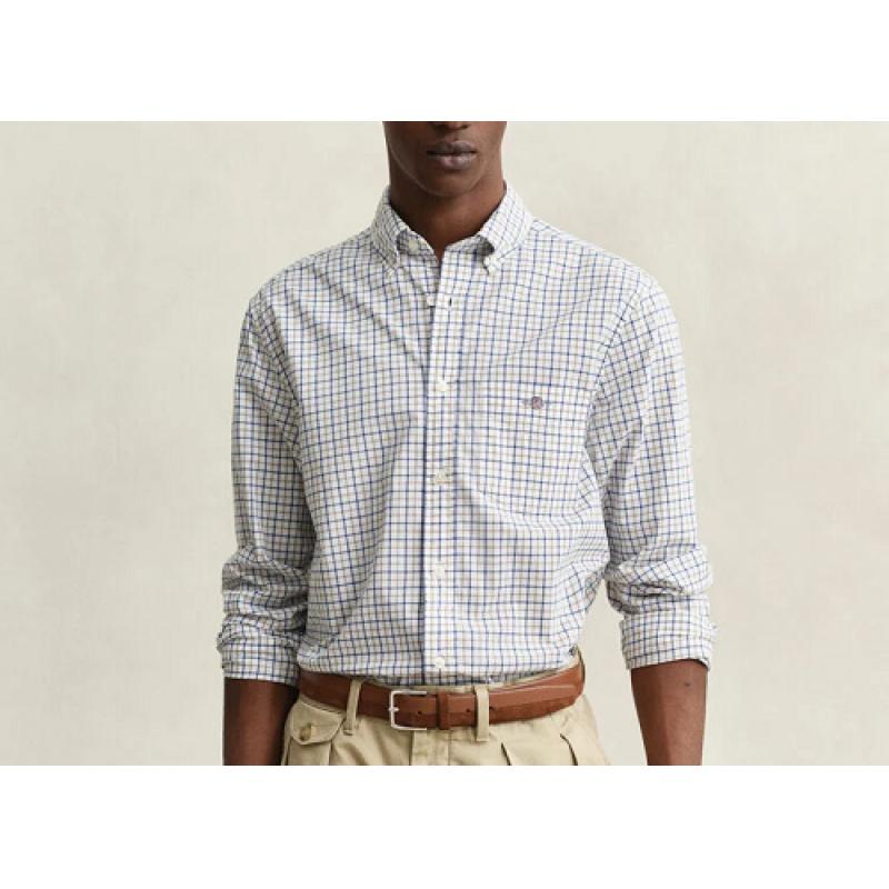 Chemise GANT - Popeline de Coton à Carreaux - Taupe Beige - Coupe Regular