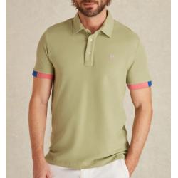 Polo Vicomte A. - Coupe Ajustée en Coton - Vert Sauge à Détails Tricolores